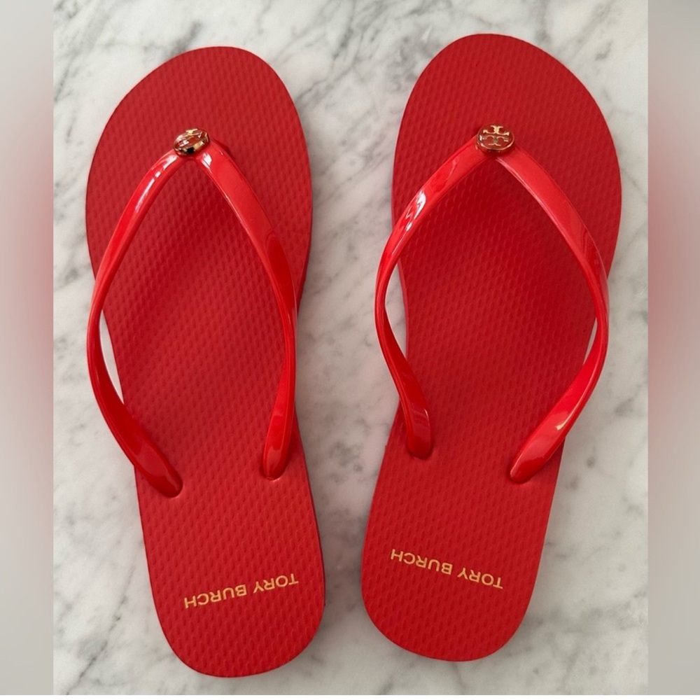 NWT TORY BURCH Poppy Orange Red Thin Flip Flops SIZE 8